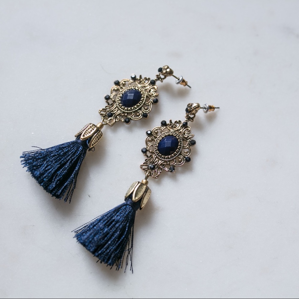 Blue and gold statement earrings